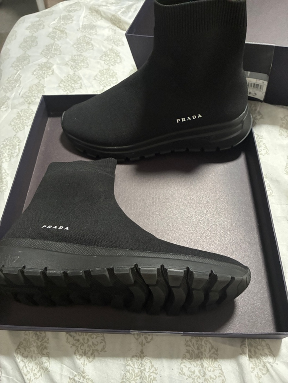 Prada Black Knit Sock Sneakers with Lug Sole
